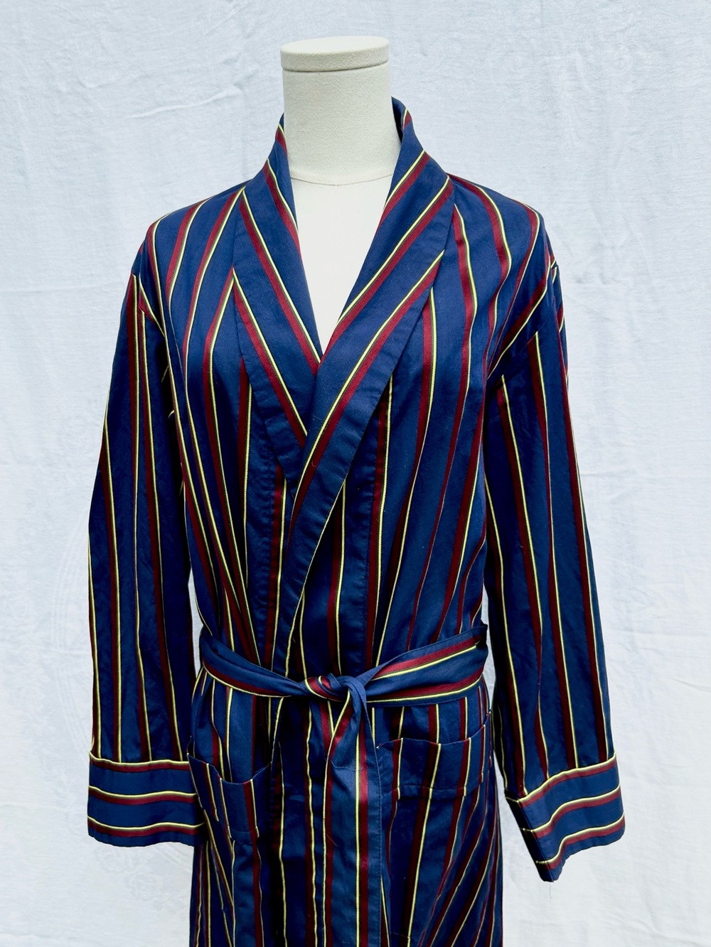Vintage Derek Rose Cotton Robe Dressing Go n Navy Martin Yellow Stripe Chest 42”